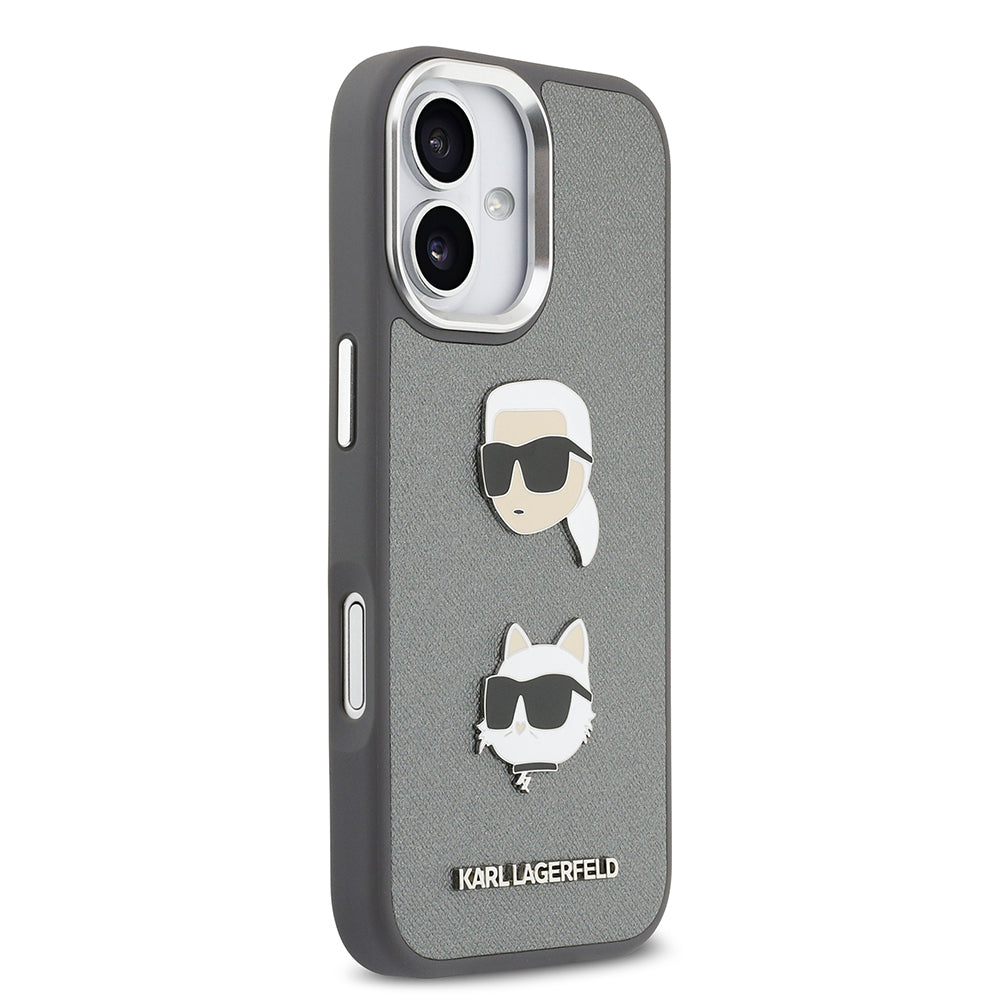 Apple iPhone 17 Kılıf Karl Lagerfeld Orjinal Lisanslı Metal Logolu K&C Heads Pin Kapak Gri
