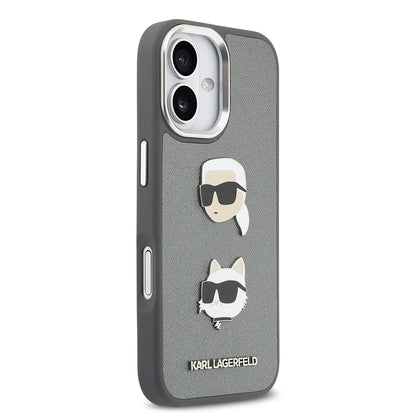 Apple iPhone 17 Kılıf Karl Lagerfeld Orjinal Lisanslı Metal Logolu K&C Heads Pin Kapak Gri