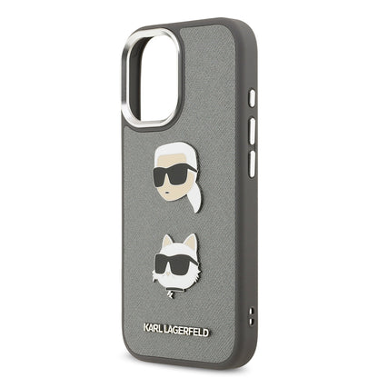 Apple iPhone 17 Kılıf Karl Lagerfeld Orjinal Lisanslı Metal Logolu K&C Heads Pin Kapak Gri