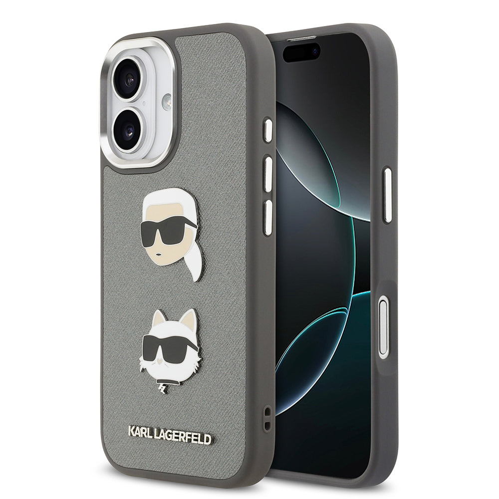 Apple iPhone 17 Kılıf Karl Lagerfeld Orjinal Lisanslı Metal Logolu K&C Heads Pin Kapak Gri