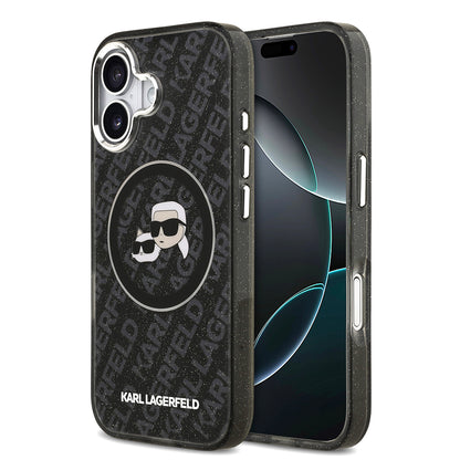 Apple iPhone 17 Kılıf Karl Lagerfeld Orjinal Lisanslı Parlayan Simli Karl & Choupette Heads Kapak Siyah