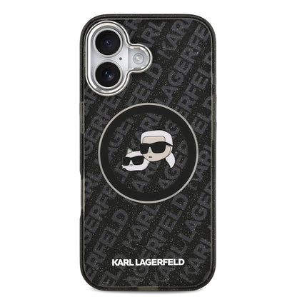 Apple iPhone 17 Kılıf Karl Lagerfeld Orjinal Lisanslı Parlayan Simli Karl & Choupette Heads Kapak Siyah