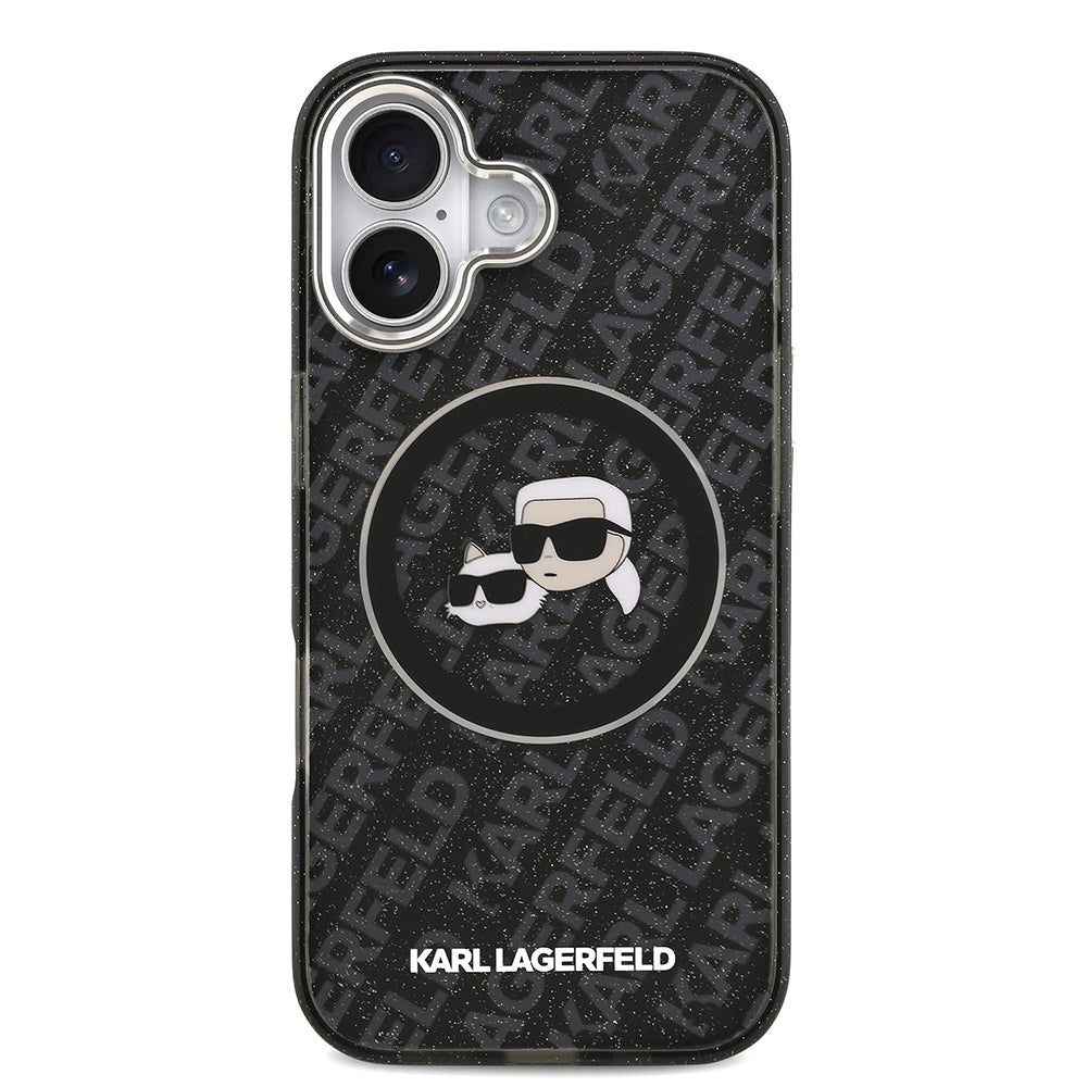 Apple iPhone 17 Kılıf Karl Lagerfeld Orjinal Lisanslı Parlayan Simli Karl & Choupette Heads Kapak Pembe