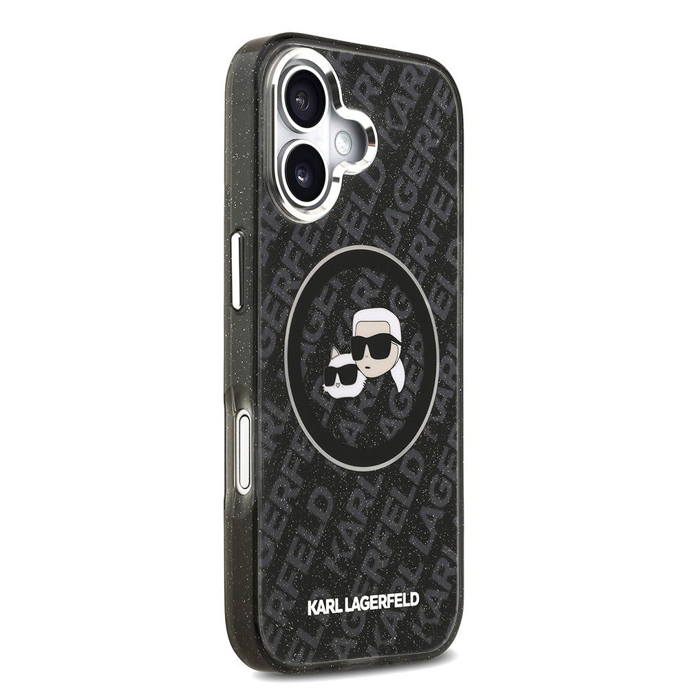 Apple iPhone 17 Kılıf Karl Lagerfeld Orjinal Lisanslı Parlayan Simli Karl & Choupette Heads Kapak Gri