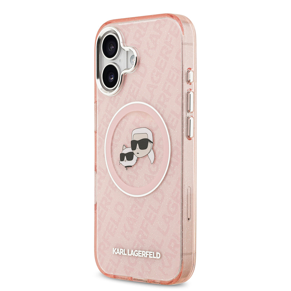 Apple iPhone 17 Kılıf Karl Lagerfeld Orjinal Lisanslı Parlayan Simli Karl & Choupette Heads Kapak Siyah