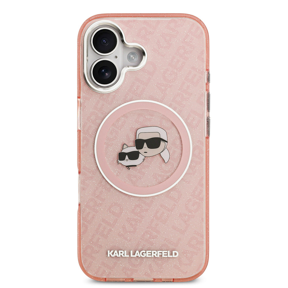 Apple iPhone 17 Kılıf Karl Lagerfeld Orjinal Lisanslı Parlayan Simli Karl & Choupette Heads Kapak Pembe
