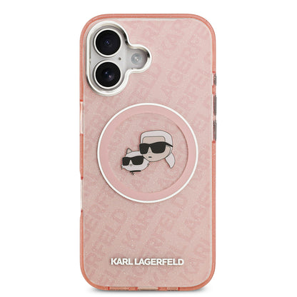 Apple iPhone 17 Kılıf Karl Lagerfeld Orjinal Lisanslı Parlayan Simli Karl & Choupette Heads Kapak Pembe