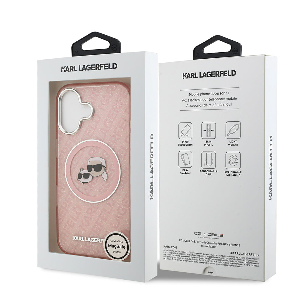 Apple iPhone 17 Kılıf Karl Lagerfeld Orjinal Lisanslı Parlayan Simli Karl & Choupette Heads Kapak Gri