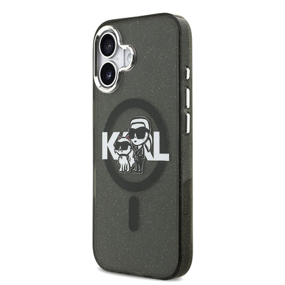 Apple iPhone 17 Kılıf Karl Lagerfeld Orjinal Lisanslı Parlayan Simli Karl & Choupette Sketch Logo Kapak Siyah