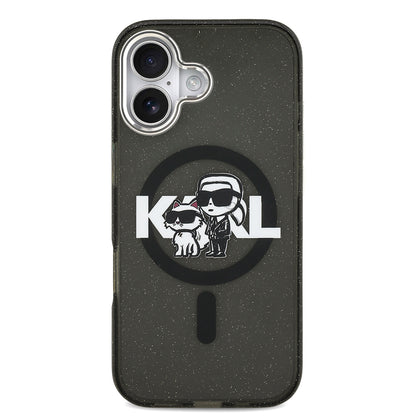 Apple iPhone 17 Kılıf Karl Lagerfeld Orjinal Lisanslı Parlayan Simli Karl & Choupette Sketch Logo Kapak Siyah