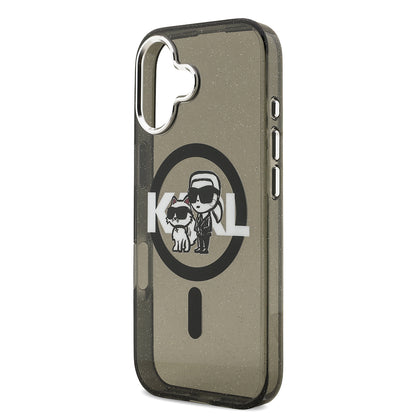 Apple iPhone 17 Kılıf Karl Lagerfeld Orjinal Lisanslı Parlayan Simli Karl & Choupette Sketch Logo Kapak Siyah