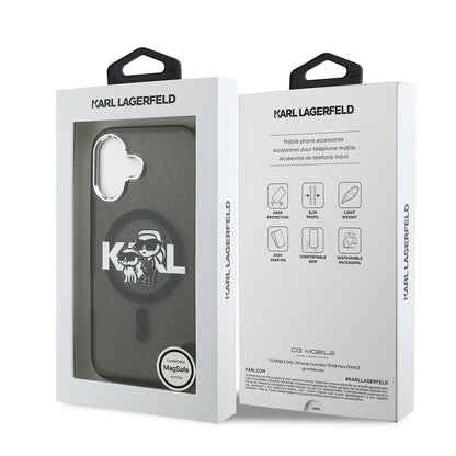 Apple iPhone 17 Kılıf Karl Lagerfeld Orjinal Lisanslı Parlayan Simli Karl & Choupette Sketch Logo Kapak Siyah