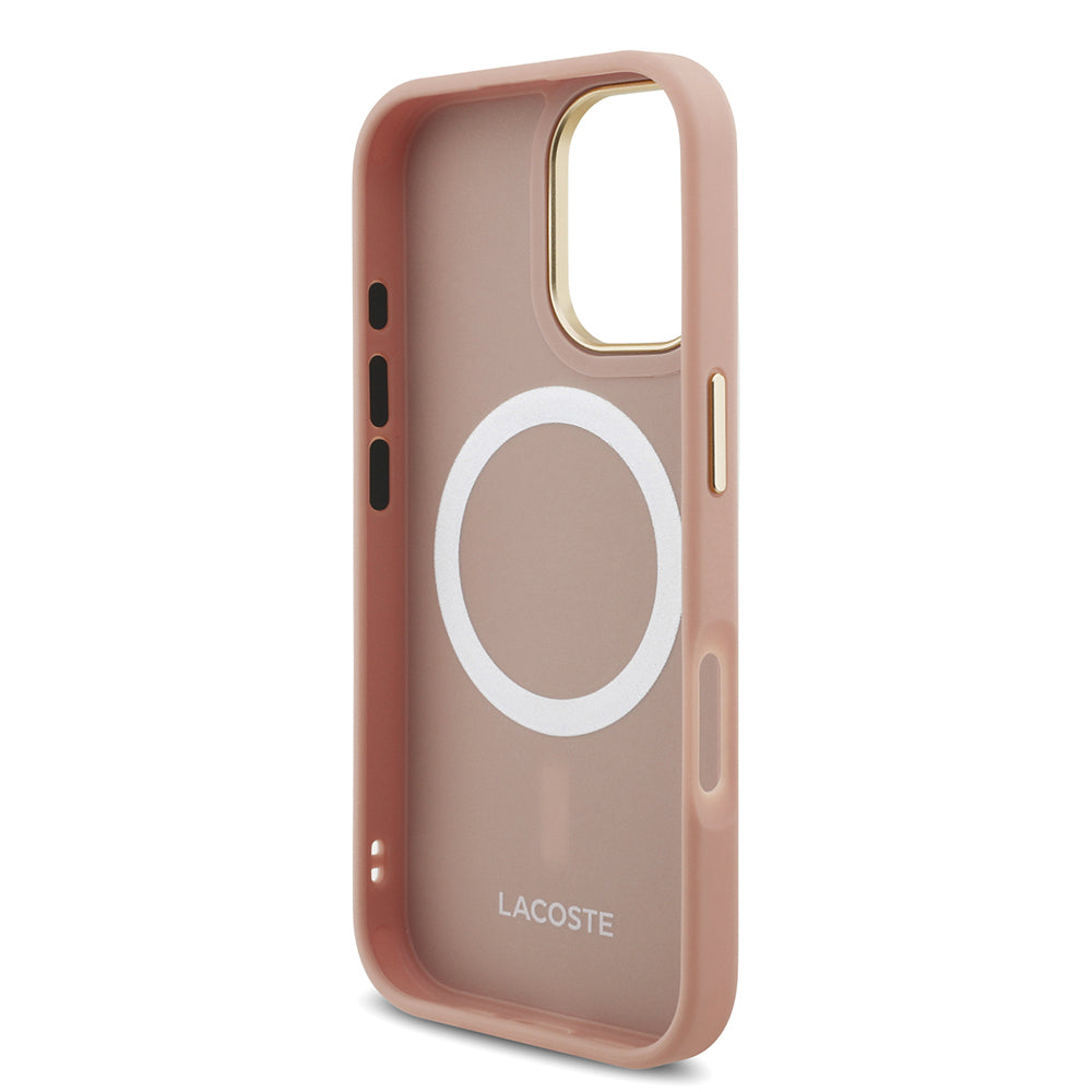 Apple iPhone 17 Kılıf Lacoste Orjinal Lisanslı M-safe Şarj Özellikli Champs Elysees PU Deri Tasarımlı Kapak Pembe