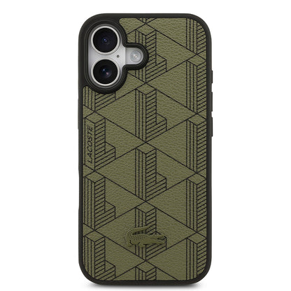 Apple iPhone 17 Kılıf Lacoste Orjinal Lisanslı M-safe Şarj Özellikli PU Deri Tasarımlı Kartlıklı Karışık Monogram Desenli Kapak Yeşil