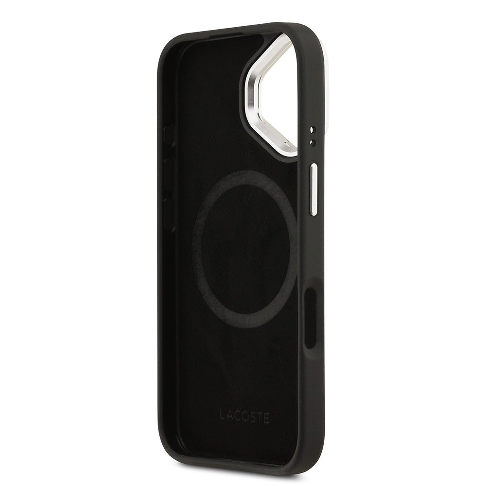 Apple iPhone 17 Kılıf Lacoste Orjinal Lisanslı M-safe Şarj Özellikli PU Pike Desenli Standlı Metal Logolu Kapak Bej