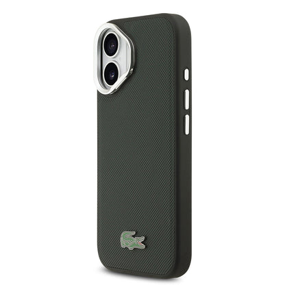 Apple iPhone 17 Kılıf Lacoste Orjinal Lisanslı M-safe Şarj Özellikli PU Pike Desenli Standlı Metal Logolu Kapak Koyu Yeşil
