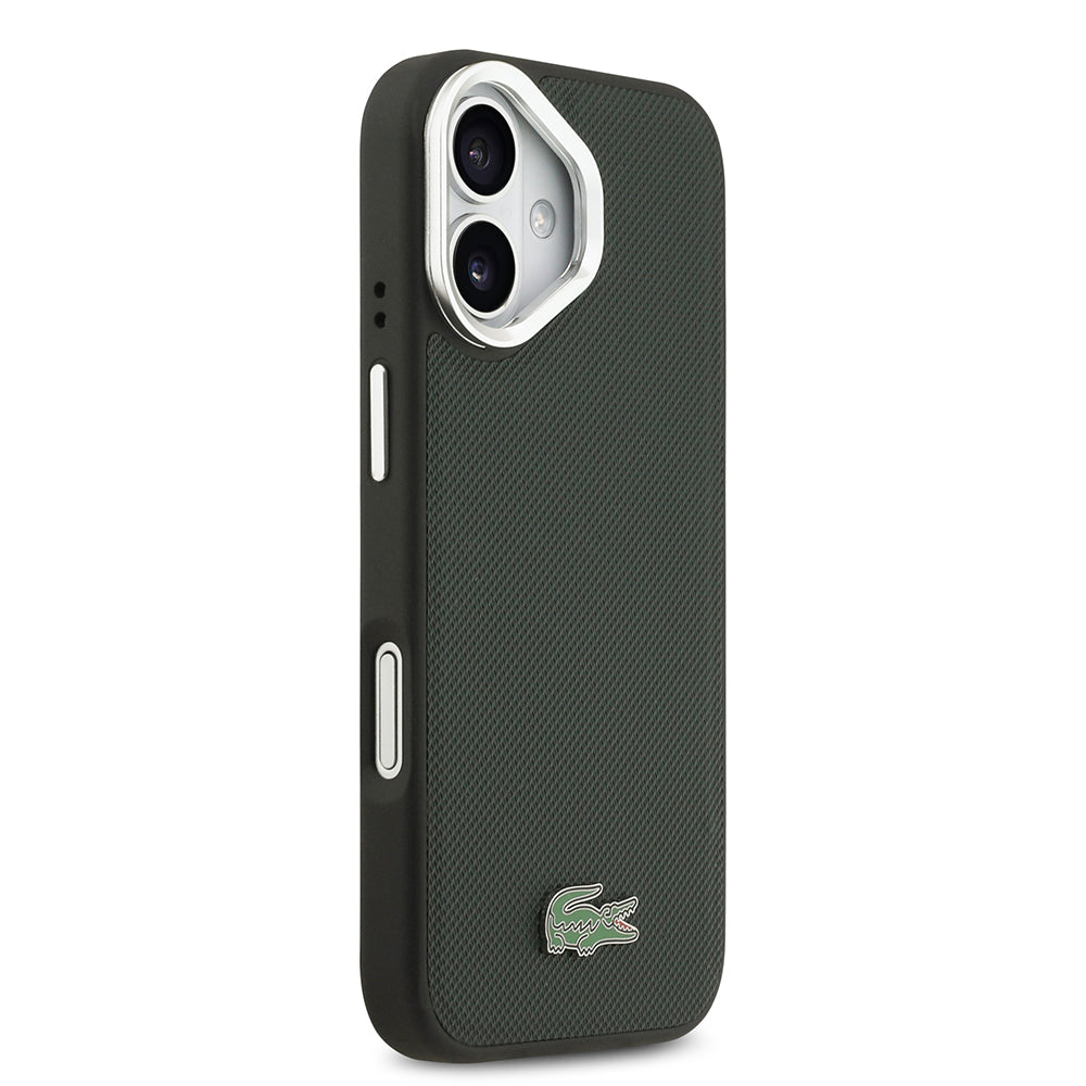 Apple iPhone 17 Kılıf Lacoste Orjinal Lisanslı M-safe Şarj Özellikli PU Pike Desenli Standlı Metal Logolu Kapak Siyah