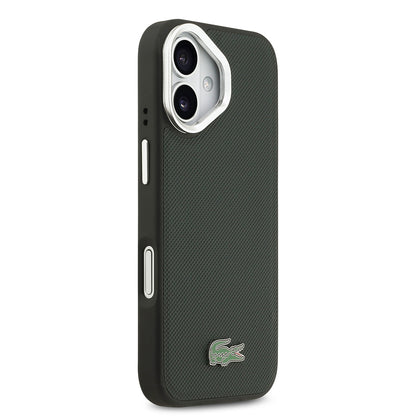 Apple iPhone 17 Kılıf Lacoste Orjinal Lisanslı M-safe Şarj Özellikli PU Pike Desenli Standlı Metal Logolu Kapak Siyah