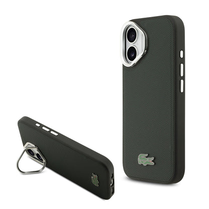 Apple iPhone 17 Kılıf Lacoste Orjinal Lisanslı M-safe Şarj Özellikli PU Pike Desenli Standlı Metal Logolu Kapak Koyu Yeşil
