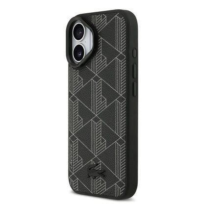 Apple iPhone 17 Kılıf Lacoste Orjinal Lisanslı M-safe Şarj Özellikli Standlı PU Deri Karışık Monogram Desenli Kapak Siyah