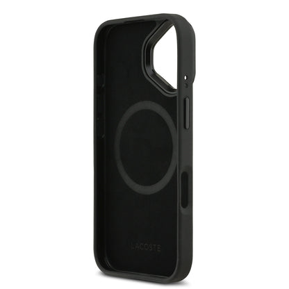 Apple iPhone 17 Kılıf Lacoste Orjinal Lisanslı M-safe Şarj Özellikli Standlı PU Deri Karışık Monogram Desenli Kapak Siyah