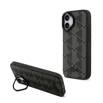 Apple iPhone 17 Kılıf Lacoste Orjinal Lisanslı M-safe Şarj Özellikli Standlı PU Deri Karışık Monogram Desenli Kapak Siyah