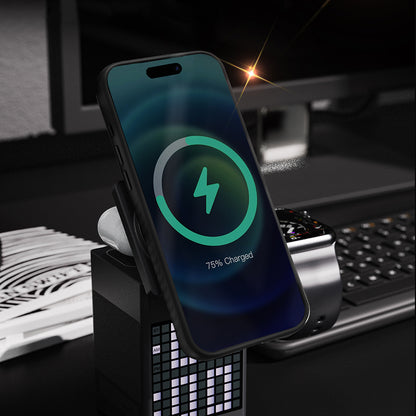 Apple iPhone 17 Kılıf M-safe Şarj Özellikli Metal Standlı Lenyes CK225 Kevlar Kapak Siyah