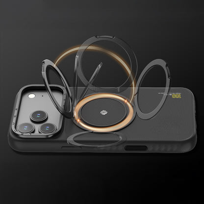 Apple iPhone 17 Kılıf M-safe Şarj Özellikli Metal Standlı Lenyes CK225 Kevlar Kapak Siyah