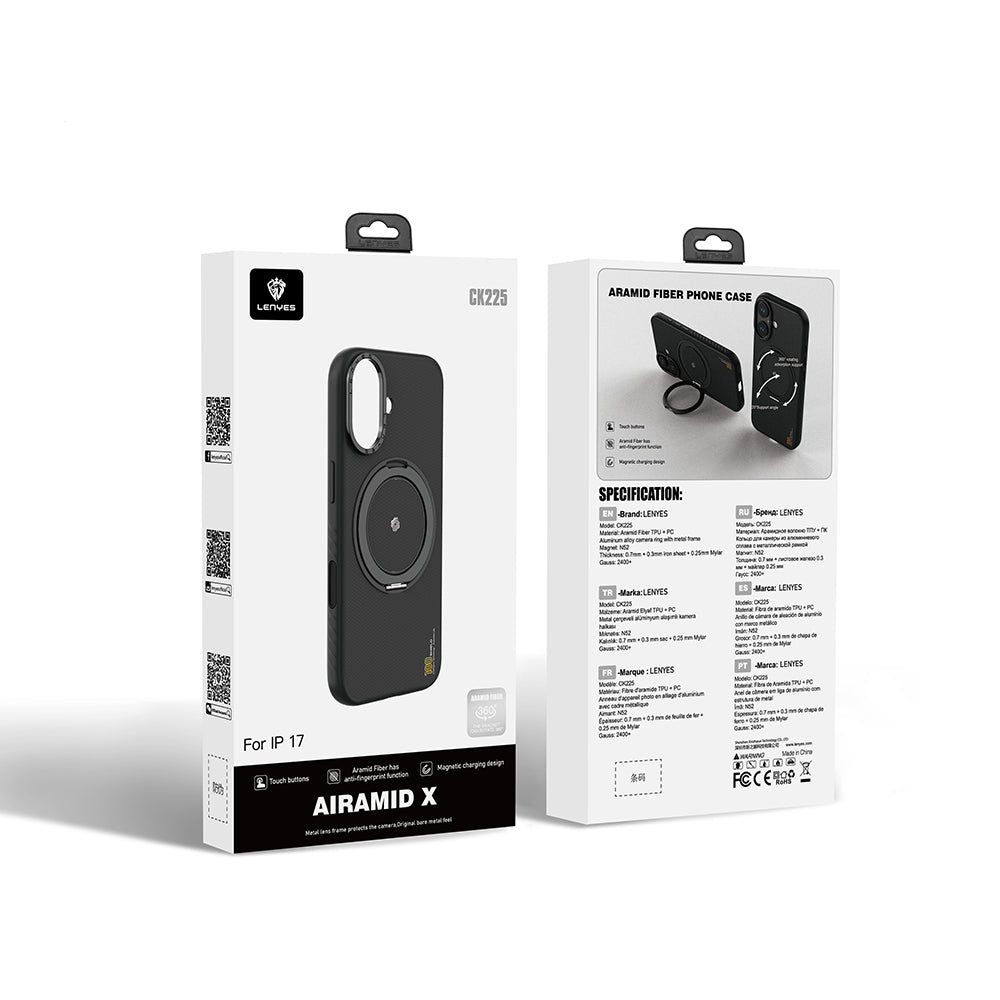 Apple iPhone 17 Kılıf M-safe Şarj Özellikli Metal Standlı Lenyes CK225 Kevlar Kapak Siyah