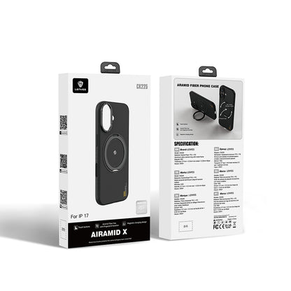 Apple iPhone 17 Kılıf M-safe Şarj Özellikli Metal Standlı Lenyes CK225 Kevlar Kapak Siyah