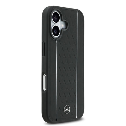 Apple iPhone 17 Kılıf Mercedes Benz Orjinal Lisanslı M-safe Şarj Özellikli Şeritli Yıldız Desenli Metal Logolu Deri Kapak Lacivert