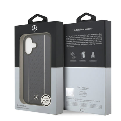 Apple iPhone 17 Kılıf Mercedes Benz Orjinal Lisanslı M-safe Şarj Özellikli Şeritli Yıldız Desenli Metal Logolu Deri Kapak Lacivert