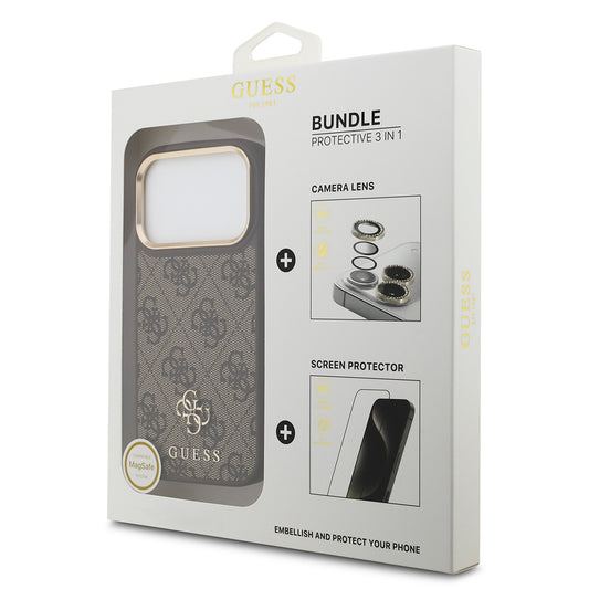 Apple iPhone 17 Pro Guess Orjinal Lisanslı 4G ve Yazı Logolu Kılıf + Ekran Koruyucu + Lens Koruyucu 3in1 Aksesuar Seti Kahverengi
