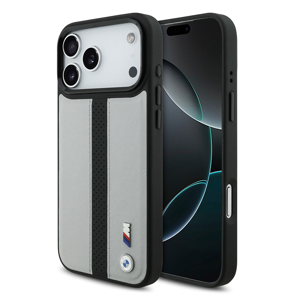 Apple iPhone 17 Pro Kılıf BMW Orjinal Lisanslı M-safe Şarj Özellikli Deri Arka Yüzey Metal Logolu Delikli Şerit Tasarımlı Kapak Lacivert