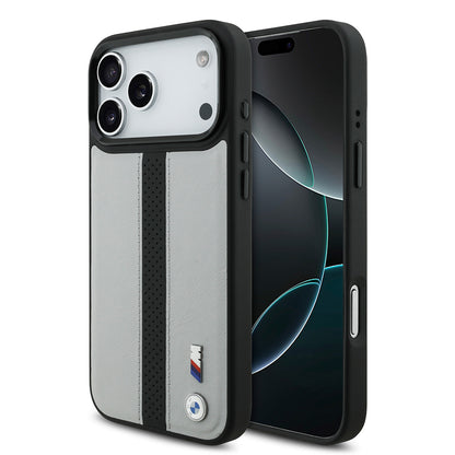 Apple iPhone 17 Pro Kılıf BMW Orjinal Lisanslı M-safe Şarj Özellikli Deri Arka Yüzey Metal Logolu Delikli Şerit Tasarımlı Kapak Lacivert