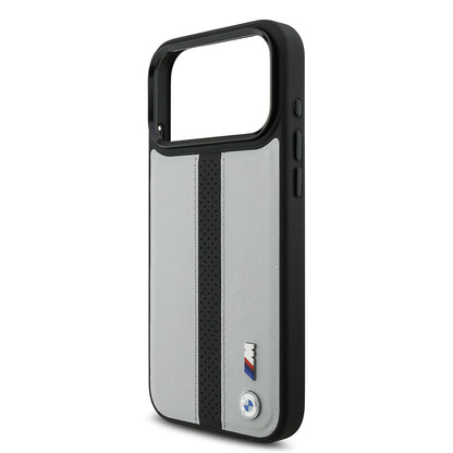 Apple iPhone 17 Pro Kılıf BMW Orjinal Lisanslı M-safe Şarj Özellikli Deri Arka Yüzey Metal Logolu Delikli Şerit Tasarımlı Kapak Gri