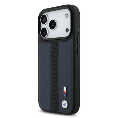 Apple iPhone 17 Pro Kılıf BMW Orjinal Lisanslı M-safe Şarj Özellikli Deri Arka Yüzey Metal Logolu Delikli Şerit Tasarımlı Kapak Lacivert