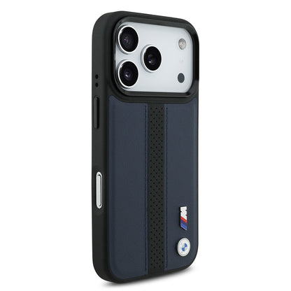 Apple iPhone 17 Pro Kılıf BMW Orjinal Lisanslı M-safe Şarj Özellikli Deri Arka Yüzey Metal Logolu Delikli Şerit Tasarımlı Kapak Gri