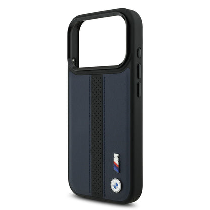 Apple iPhone 17 Pro Kılıf BMW Orjinal Lisanslı M-safe Şarj Özellikli Deri Arka Yüzey Metal Logolu Delikli Şerit Tasarımlı Kapak Mavi