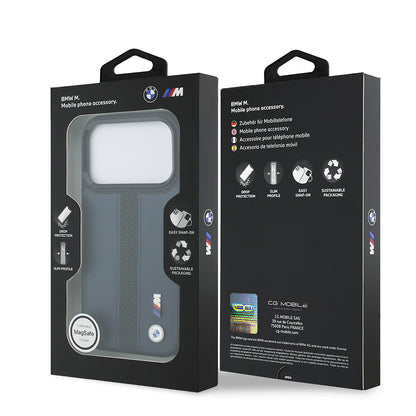 Apple iPhone 17 Pro Kılıf BMW Orjinal Lisanslı M-safe Şarj Özellikli Deri Arka Yüzey Metal Logolu Delikli Şerit Tasarımlı Kapak Mavi