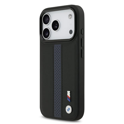 Apple iPhone 17 Pro Kılıf BMW Orjinal Lisanslı M-safe Şarj Özellikli Deri Arka Yüzey Metal Logolu Delikli Şerit Tasarımlı Kapak Gri