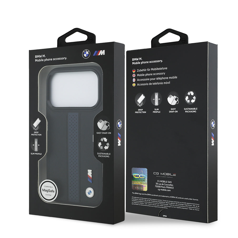 Apple iPhone 17 Pro Kılıf BMW Orjinal Lisanslı M-safe Şarj Özellikli Deri Arka Yüzey Metal Logolu Delikli Şerit Tasarımlı Kapak Gri