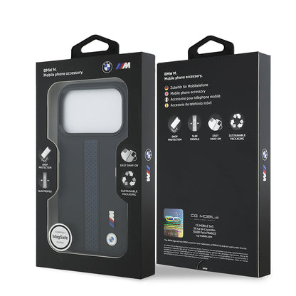 Apple iPhone 17 Pro Kılıf BMW Orjinal Lisanslı M-safe Şarj Özellikli Deri Arka Yüzey Metal Logolu Delikli Şerit Tasarımlı Kapak Lacivert