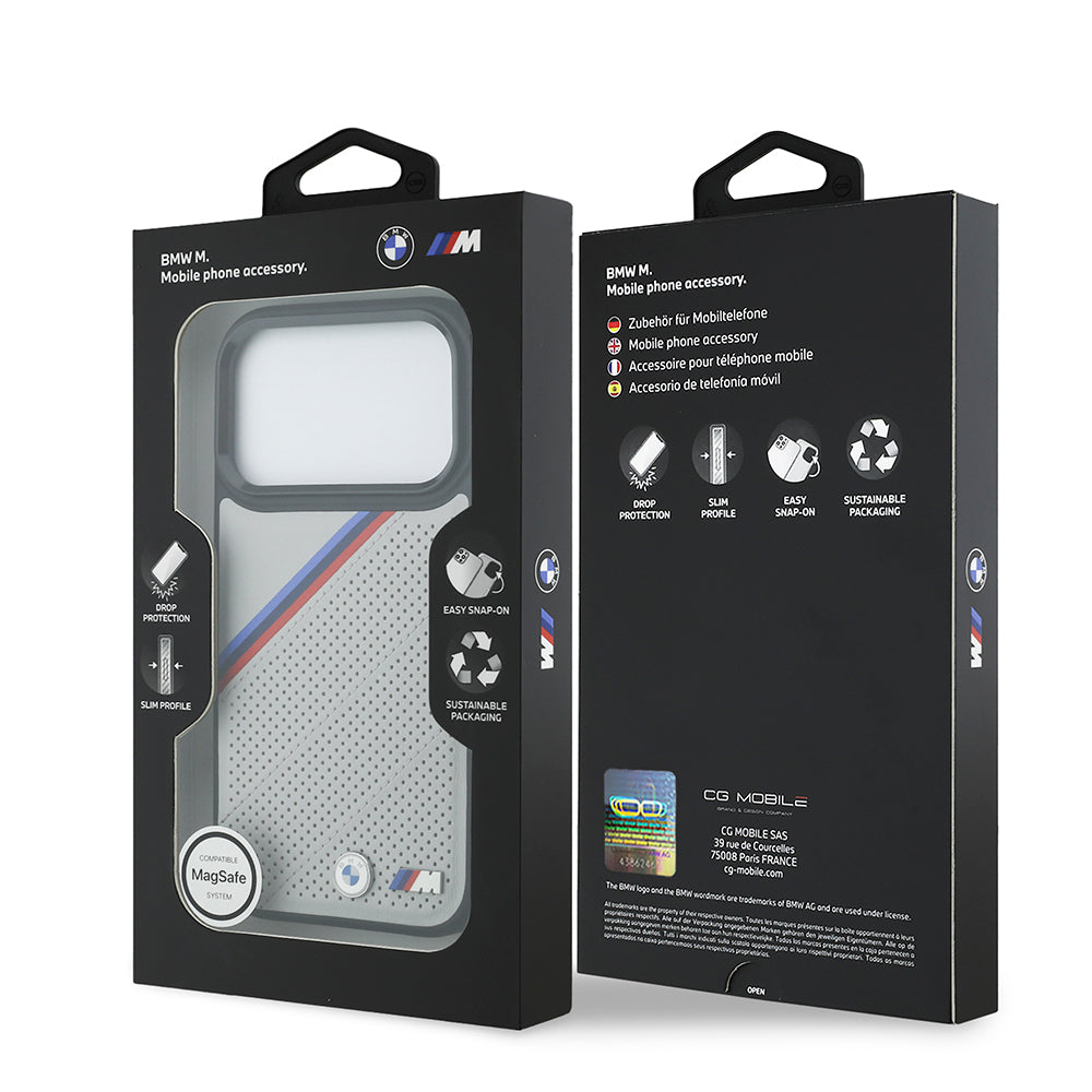 Apple iPhone 17 Pro Kılıf BMW Orjinal Lisanslı M-safe Şarj Özellikli M Logolu Üç Şeritli Delikli Deri Kapak Gri