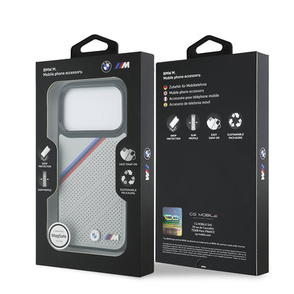 Apple iPhone 17 Pro Kılıf BMW Orjinal Lisanslı M-safe Şarj Özellikli M Logolu Üç Şeritli Delikli Deri Kapak Siyah