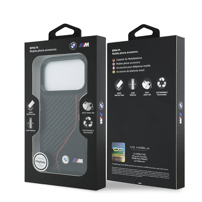 Apple iPhone 17 Pro Kılıf BMW Orjinal Lisanslı M-safe Şarj Özellikli Metal BMW ve M Logolu PU Karbon Tasarımlı Kapak Siyah