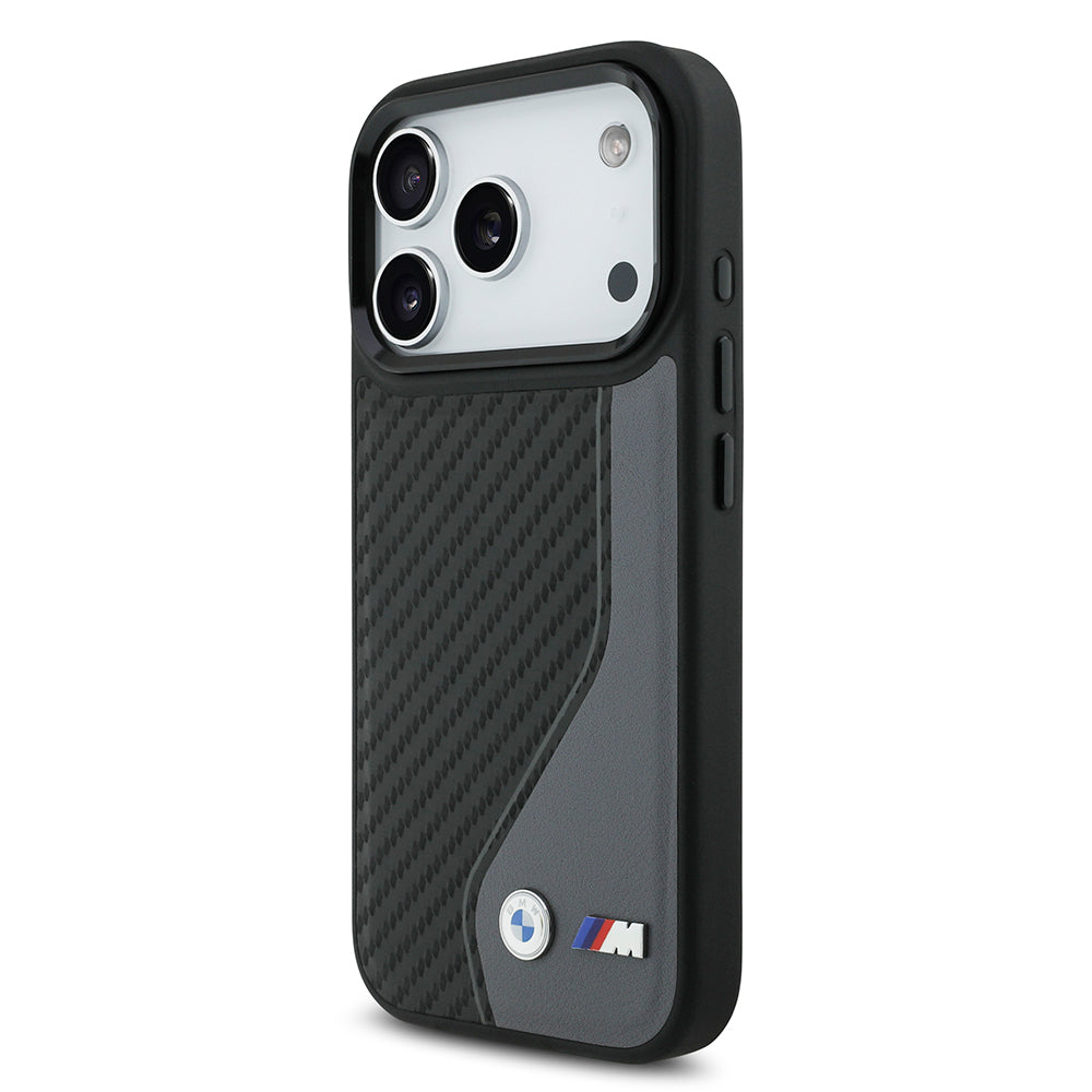 Apple iPhone 17 Pro Kılıf BMW Orjinal Lisanslı M-safe Şarj Özellikli Metal BMW ve M Logolu PU Karbon Tasarımlı Kapak Siyah