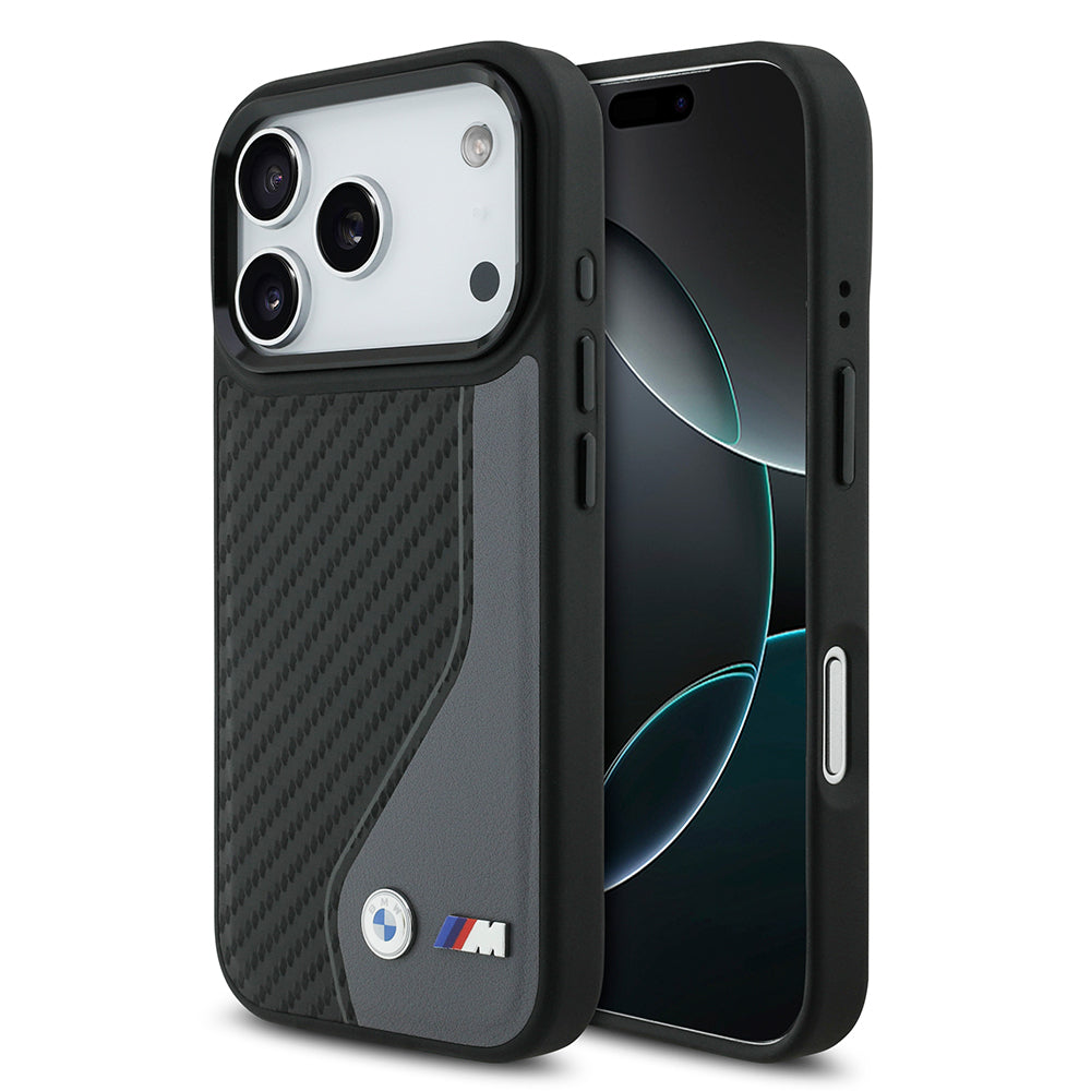 Apple iPhone 17 Pro Kılıf BMW Orjinal Lisanslı M-safe Şarj Özellikli Metal BMW ve M Logolu PU Karbon Tasarımlı Kapak Siyah