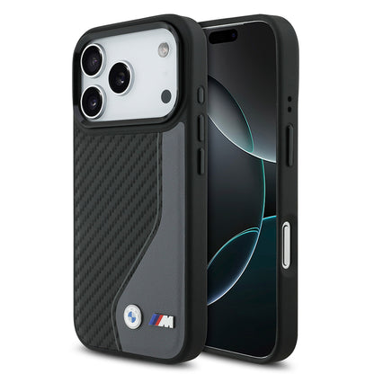 Apple iPhone 17 Pro Kılıf BMW Orjinal Lisanslı M-safe Şarj Özellikli Metal BMW ve M Logolu PU Karbon Tasarımlı Kapak Siyah