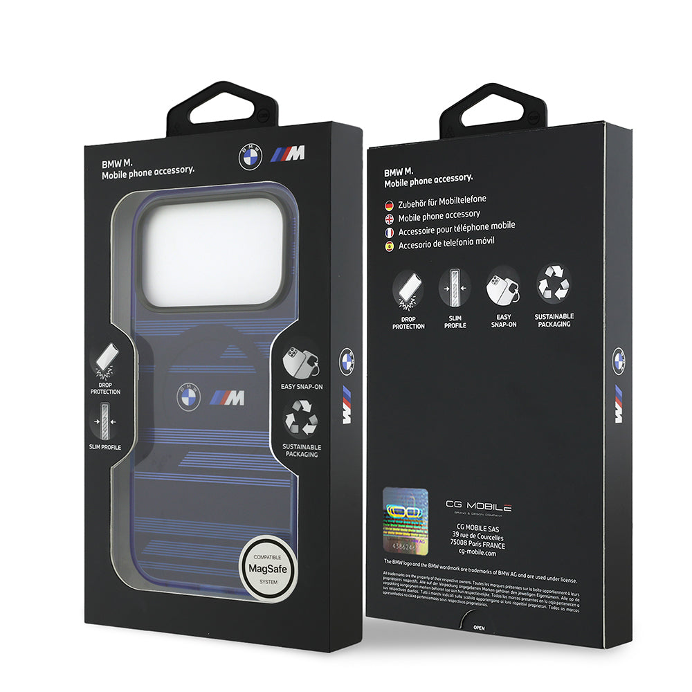 Apple iPhone 17 Pro Kılıf BMW Orjinal Lisanslı M-safe Şarj Özellikli Metal Kamera Butonlu Yatay Şeritli M Dizayn Kapak Siyah